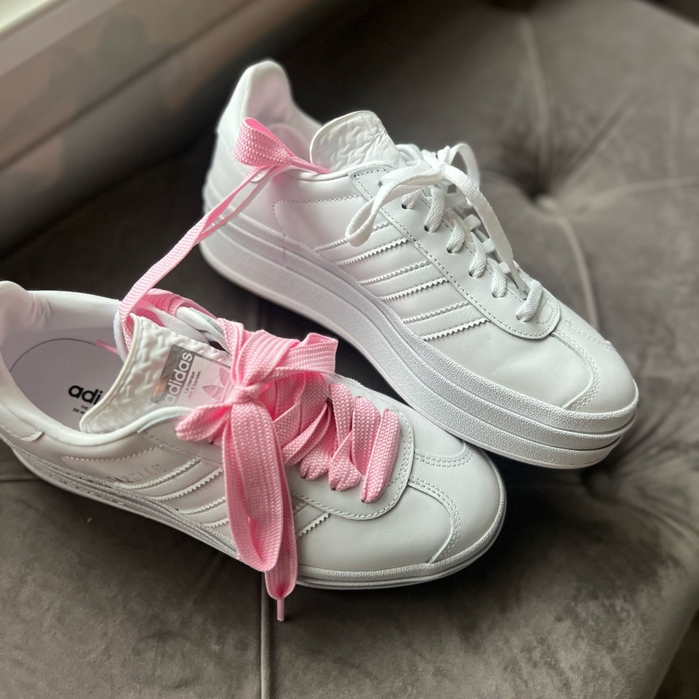 Adidas Gazelles Women's White Sneakers with Pink Laces